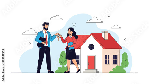 Professional real estate agent hands over the keys of a new house to a happy female buyer standing in front of the property.