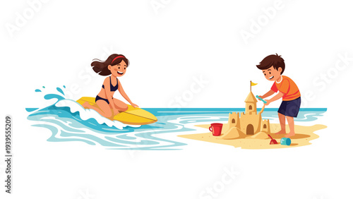 Children enjoy summer activities at the beach with a girl surfing on a wave and a young boy building a detailed sandcastle.