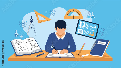 Dedicated male student focuses on his studies at a desk surrounded by various scientific, mathematical, and educational icons.