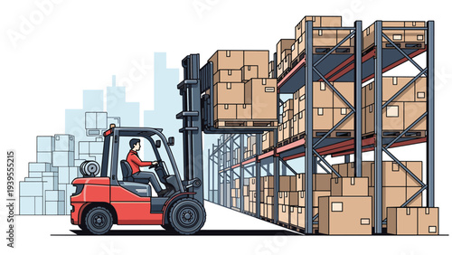 Industrial forklift operator moves a pallet of cardboard boxes in a large warehouse filled with tall metal storage shelving.