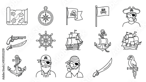 Comprehensive set of pirate themed icons including ships, anchors, parrots, maps, and characters with eye patches for adventure.