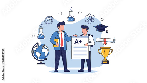 Proud teacher congratulates a student for achieving an excellent grade on an assignment with educational symbols in the back.