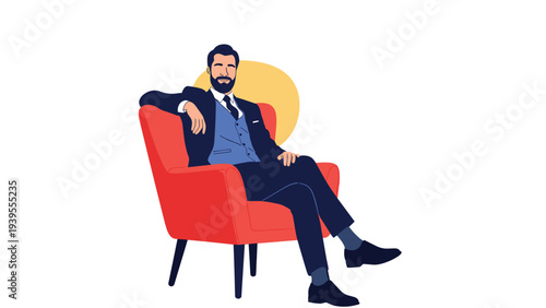 Confident businessman wearing a stylish blue suit and vest sits in a red designer armchair against a simple white background.