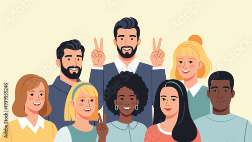 Group of happy and diverse people stand together smiling for a portrait with a man in the center making peace sign gestures.