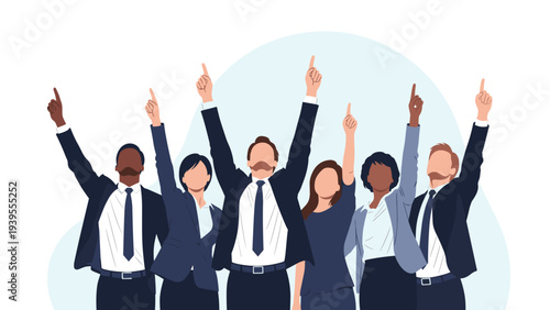 Diverse group of successful business professionals raise their arms and point upwards to celebrate a significant achievement.
