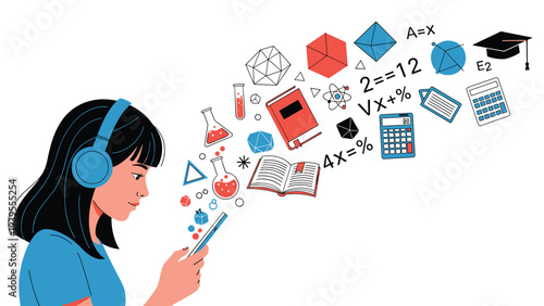 Young woman wearing headphones uses a smartphone as various educational and scientific icons float around her in the air.