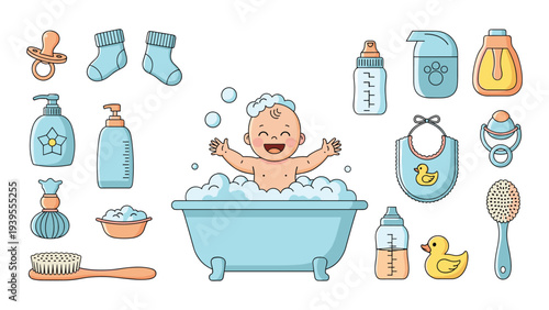 Happy baby enjoys a bubble bath in a blue tub surrounded by various icons of essential baby care and hygiene products.