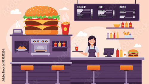 Interior view of a modern fast food restaurant featuring a counter, menu board, and a large display of a delicious burger.