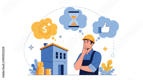 Thinking construction worker considers the balance between budget, time, and quality while planning a new residential building.