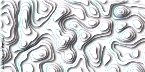 Topographic map style abstract background with layered contour lines in blue and purple hues casting shadows on a white surface