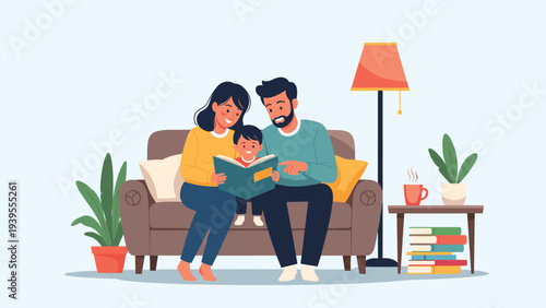 Loving parents sit together on a comfortable sofa and read an engaging storybook to their young child in a cozy living room.