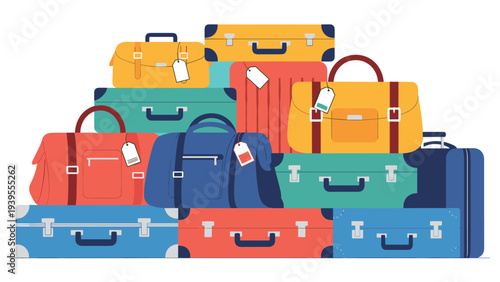 Large stack of colorful travel suitcases and bags with luggage tags prepared for a long vacation or an exciting international trip.