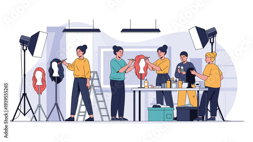 Creative team of stylists and artists works in a professional studio to style various wigs on mannequins under bright lights.