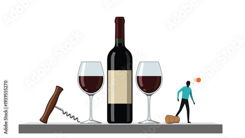 Elegant still life features a wine bottle and two glasses of red wine with a small figure interacting with the bottle cork.