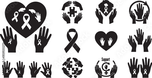 Support and awareness campaign symbols and icons for various causes