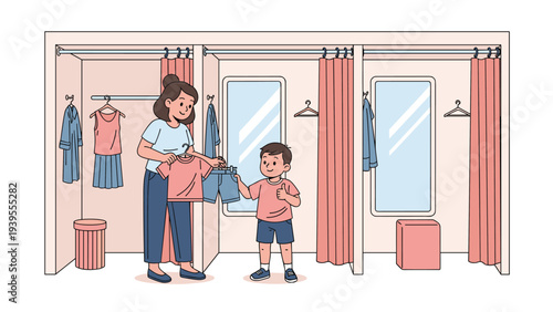 Helpful mother assists her young son in a clothing store dressing room as he tries on new clothes and gives a thumbs up.