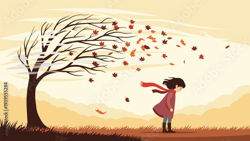 Young girl stands in a windy autumn park while brown leaves blow off a tree and fly through the air on a cold and breezy day.