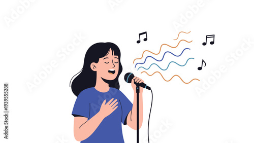 Talented young girl sings with passion into a microphone while colorful musical note symbols float in the air behind her.