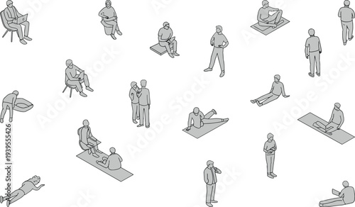 Human activity illustration set, grayscale figures, seated standing reclining, casual poses, laptop reading relaxing, vector art, minimal design, modern character graphics