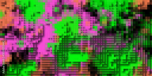 Vibrant abstract pixelated mosaic with bright neon green pink and orange squares creating a digital art background with a sense of depth and layered complexity