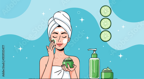 Woman Applying Face Mask with Cucumber Slices and Skincare Products Vector Illustration for Beauty and Wellness Themes