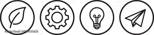 Set of minimalist black line art icons including leaf, gear lightbulb, airplane
