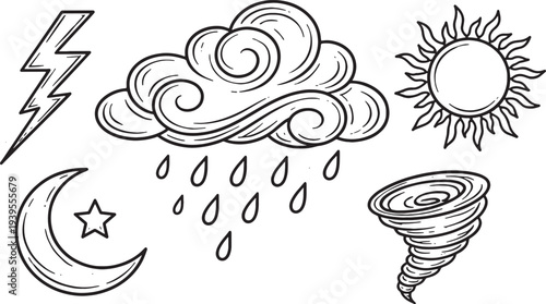 weather elements set including cloud sun rain moon and tornado