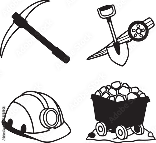Illustrated silhouette collection features iconic tools such as a pickaxe, shovel, helmet, and ore cart, the very essence of mining.