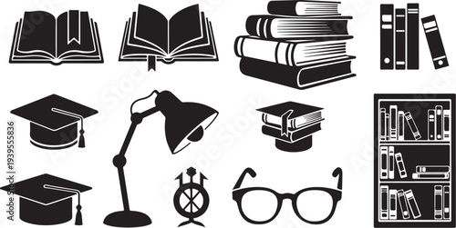 Education icons and graduation symbols in black and white