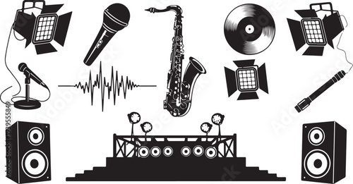 Music Stage Equipment and Instruments in Black Silhouette Style