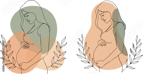 Minimalist Pregnant Woman Line Art Vector Illustration Set with Abstract Earth Tone Shapes and Botanical Elements for Maternity and Wellness Designs