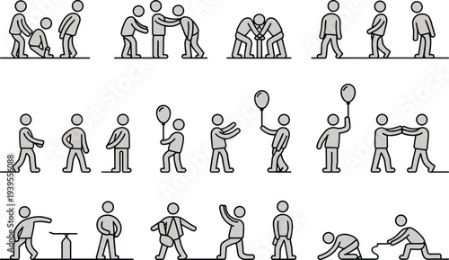 Human, figure, posture, standing, sitting, walking, helping, interacting, dynamic, motion, gesture, pose, silhouette, outline, icon, vector, illustration, design, activity, anatomy, character