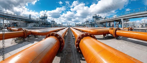Industry Infrastructure: An industrial landscape features a network of metallic pipelines against a backdrop of a cloudy blue sky, representing the backbone of modern infrastructure.
