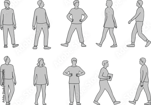 Human, figure, posture, standing, walking, gesture, motion, pose, silhouette, outline, icon, vector, illustration, design, activity, anatomy, lifestyle, character, movement, body, language, study