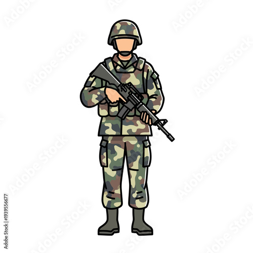 Soldier in camouflage uniform holding a rifle, standing ready