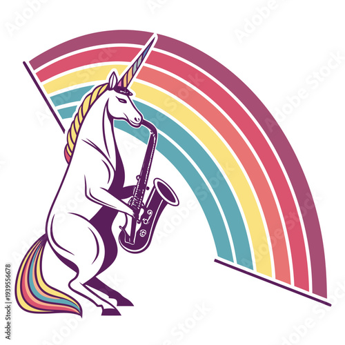 Magical Unicorn Playing Saxophone Under a Vibrant Rainbow Arch