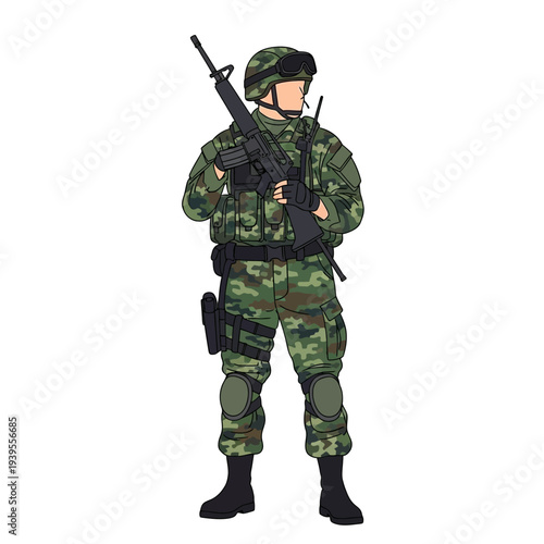 Soldier in camouflage uniform holding a rifle, ready for action