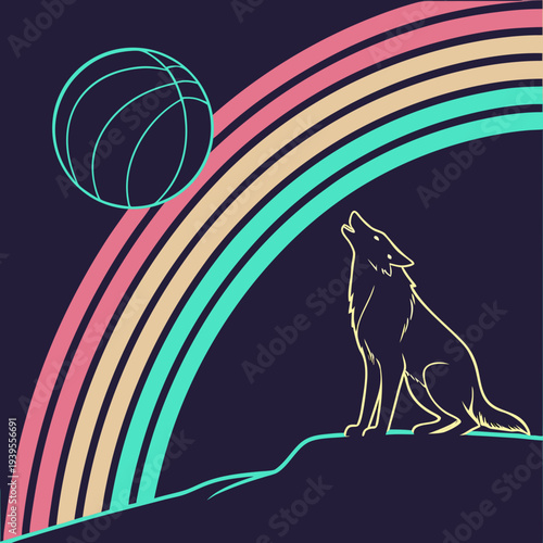 Stylized Wolf Howling at the Moon Under a Retro Rainbow