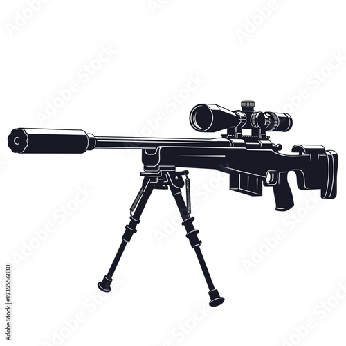 Sniper rifle with silencer and bipod, tactical weapon, precision shooting, military equipment