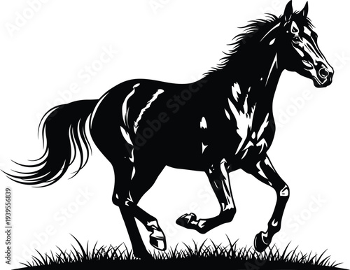 A striking black and white illustration of a horse running in grass