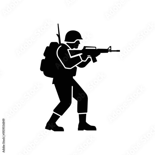 Soldier aiming rifle, military action, combat readiness, tactical gear, army, warfare, defense