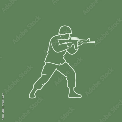 Soldier aiming rifle, military action, tactical pose, white outline on green background