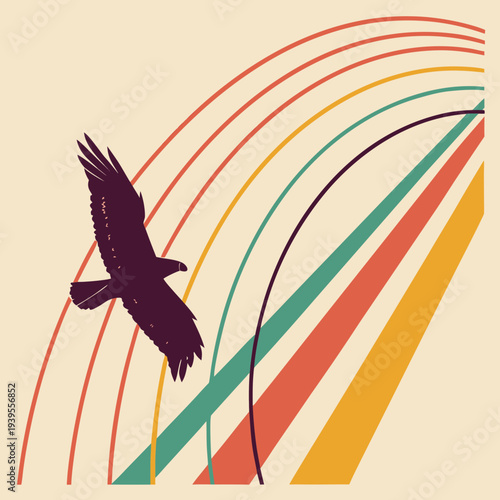Majestic Hawk Flying Silhouetted Against a Stylized Retro Rainbow Arc with Warm Color Bands