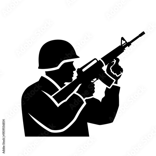 Soldier Aiming Rifle, Military Action, Combat Ready, Silhouette Style
