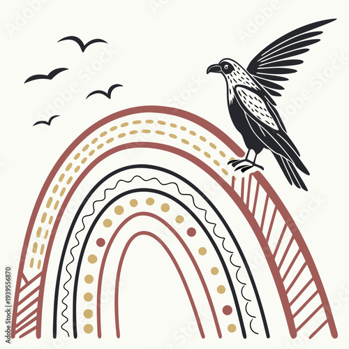 Stylized Raven Perched on a Rainbow Arch with Birds Flying in a Boho Illustration Style