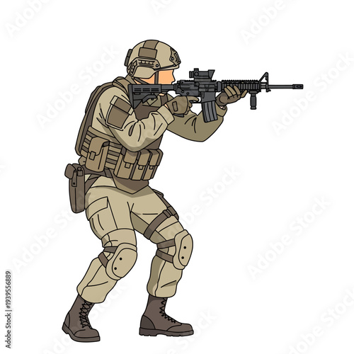 Soldier aiming rifle, tactical gear, combat ready, military action, desert camouflage