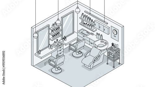Isometric line art illustration of a modern hair salon interior with mirrors, chairs, and various styling tools.