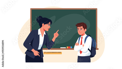 Strict female teacher scolding a worried schoolboy in front of a green chalkboard in an elementary classroom.