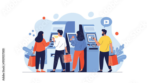 Diverse group of people standing in line to use automated teller machines or self-service kiosks while carrying their shopping bags.