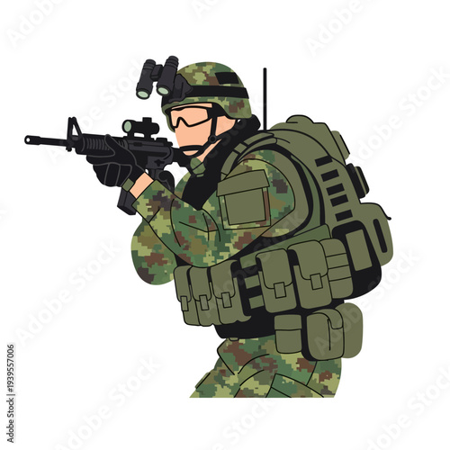 Soldier in camouflage uniform aiming assault rifle, tactical gear, combat readiness